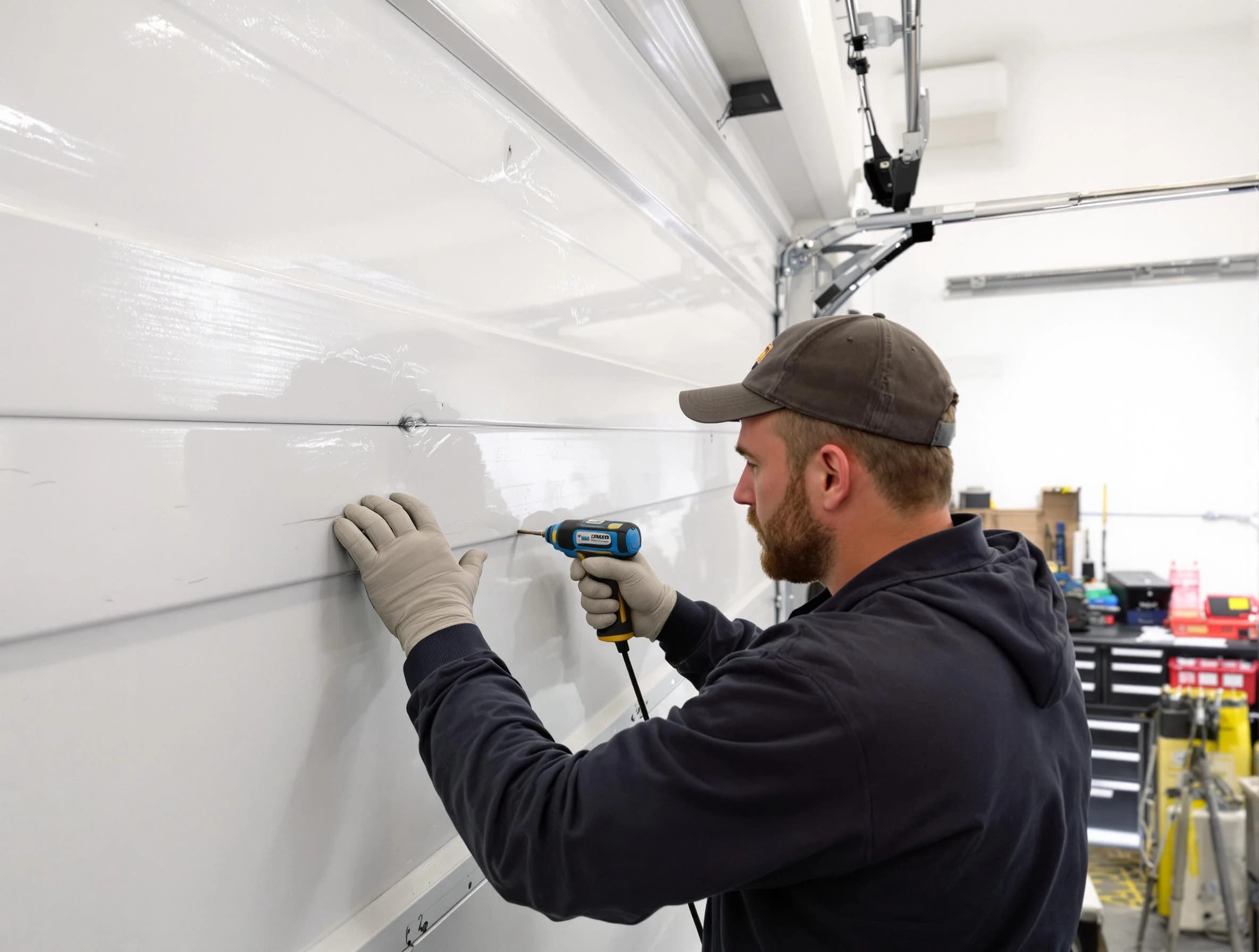 West Pleasant View Garage Door Repair technician demonstrating precision dent removal techniques on a West Pleasant View garage door